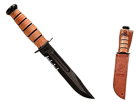 Ka-Bar 1218 USMC Fight/Utility 7″ Fixed Clip Point Part Serrated Black 1095 Cro-Van Blade. Brown Leather Handle. Includes Sheath