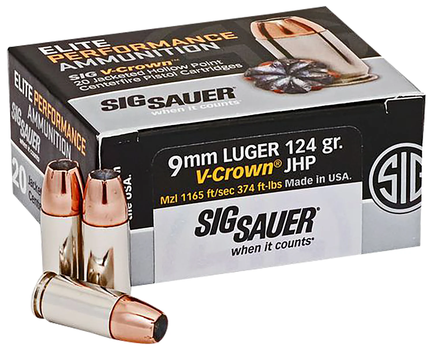 Sig-Sauer 9mm Luger 124gr V-CROWN Nickel-Plated Brass – 20rd